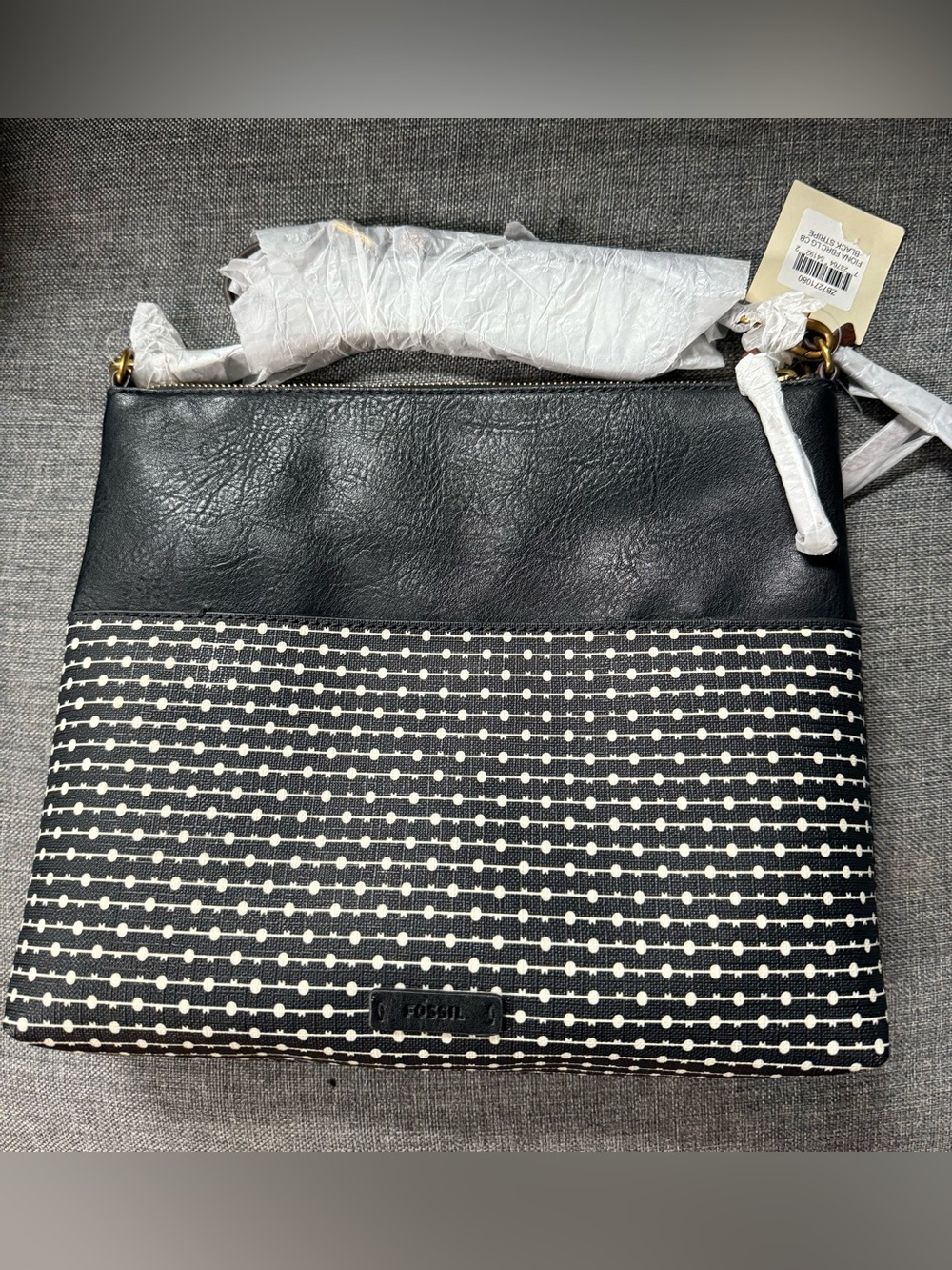 NWT Fossil Fiona Large Faux Leather Black & White Stripe Crossbody Bag